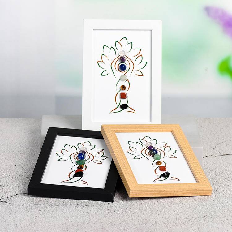 7 Chakra Tree of Life Crystal Art Frame - Handcrafted Yoga Silhouette Wooden Shadow Box Decor