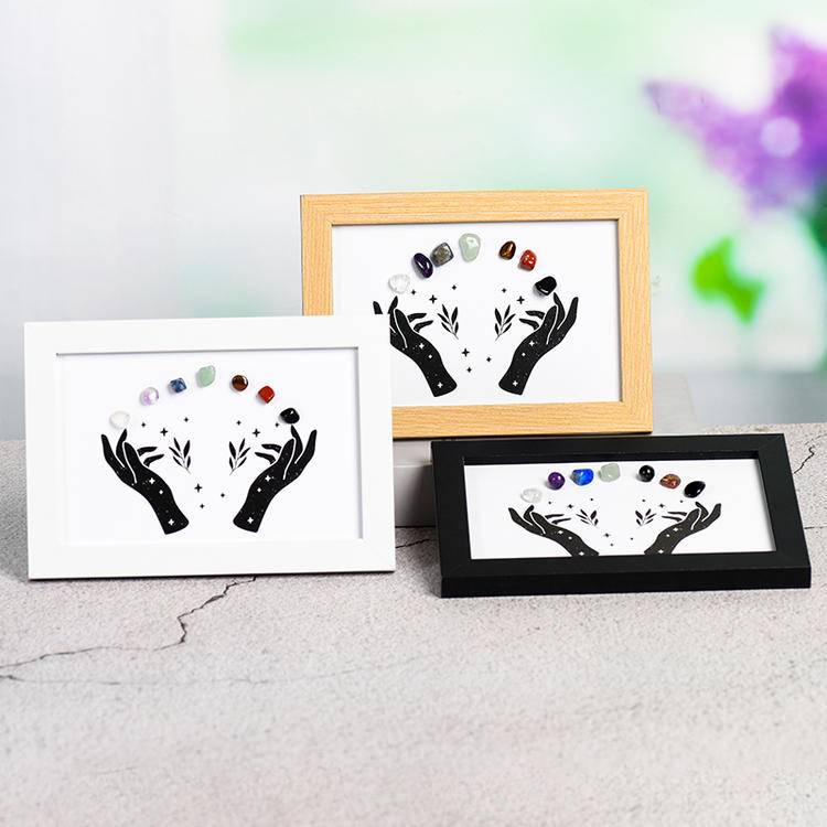 Celestial Hands 7 Chakra Crystal Art Frame - Handcrafted Gemstones Wooden Shadow Box Decor