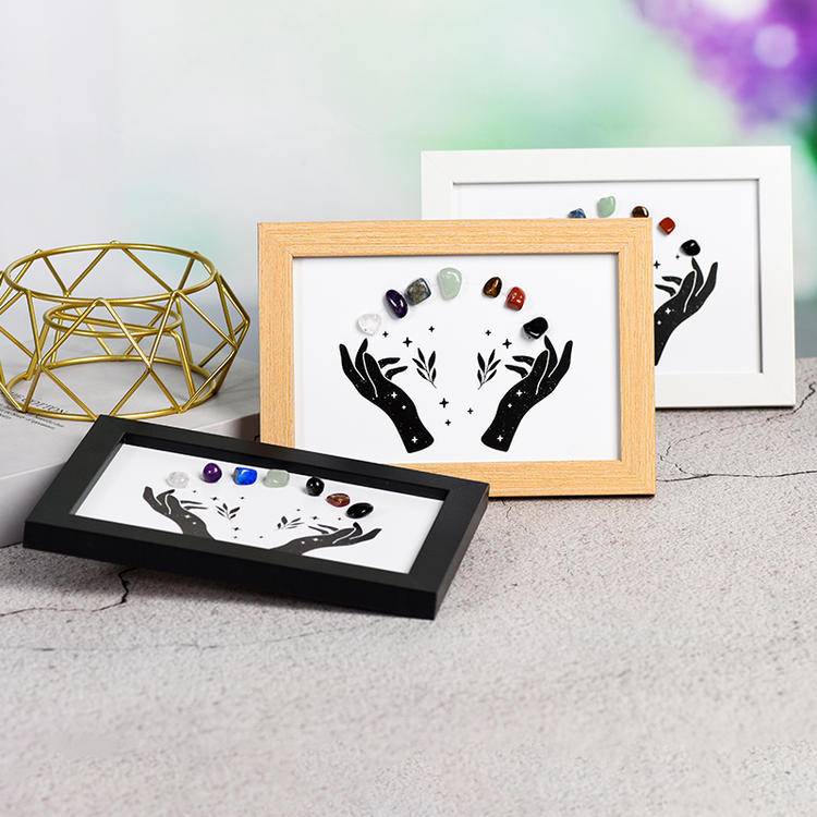 Celestial Hands 7 Chakra Crystal Art Frame - Handcrafted Gemstones Wooden Shadow Box Decor