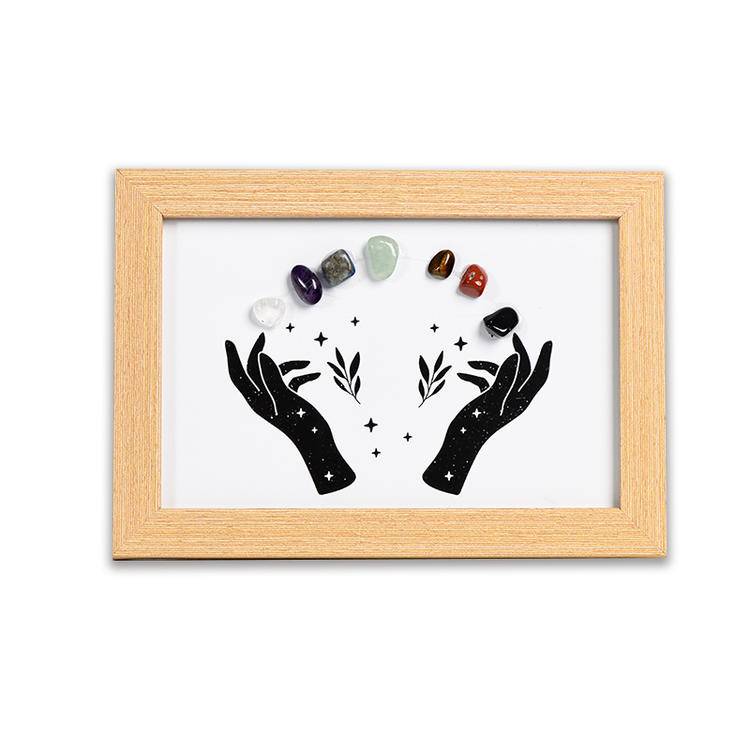 Celestial Hands 7 Chakra Crystal Art Frame - Handcrafted Gemstones Wooden Shadow Box Decor