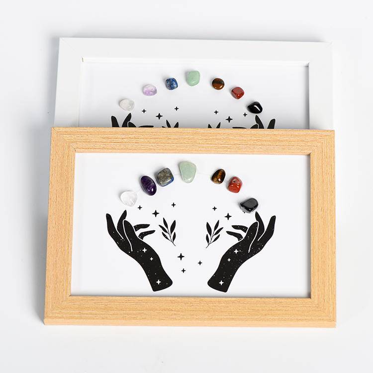 Celestial Hands 7 Chakra Crystal Art Frame - Handcrafted Gemstones Wooden Shadow Box Decor