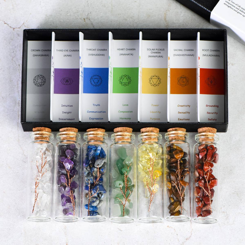 7 Chakra Tree of Life Wishing Bottle Gift Set - Handcrafted Wire Tree Natural Crystal Chips in Glass Vials