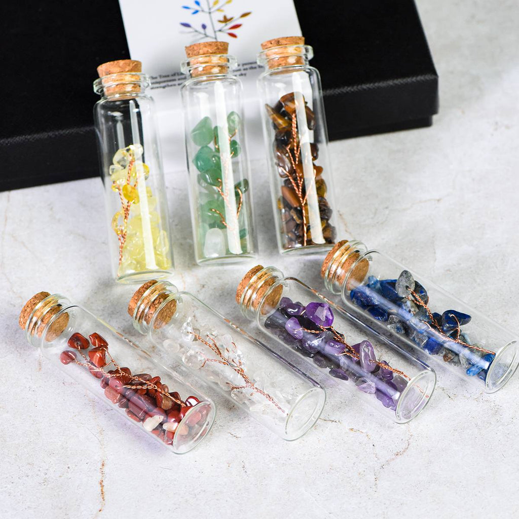 7 Chakra Tree of Life Wishing Bottle Gift Set - Handcrafted Wire Tree Natural Crystal Chips in Glass Vials