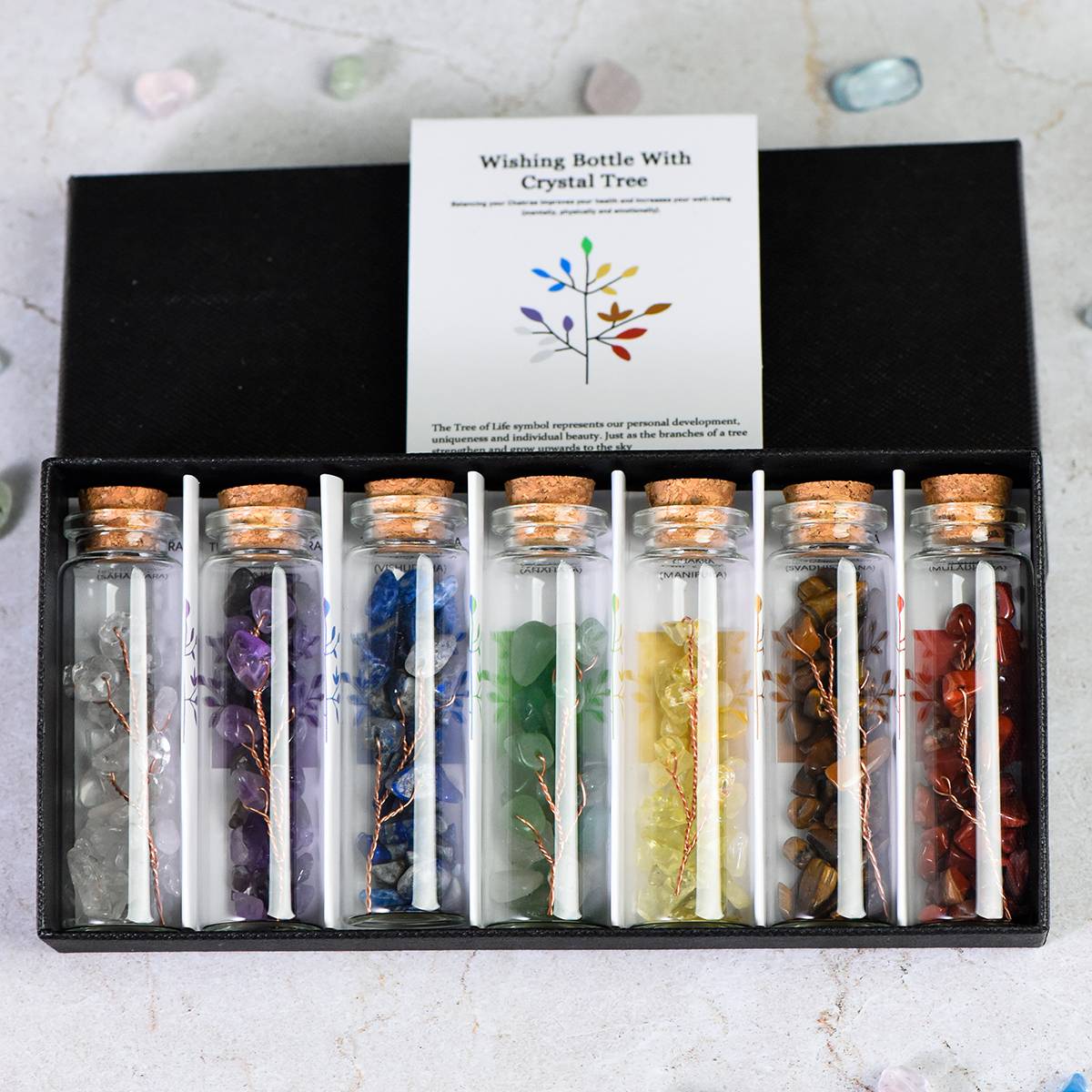 7 Chakra Tree of Life Wishing Bottle Gift Set - Handcrafted Wire Tree Natural Crystal Chips in Glass Vials