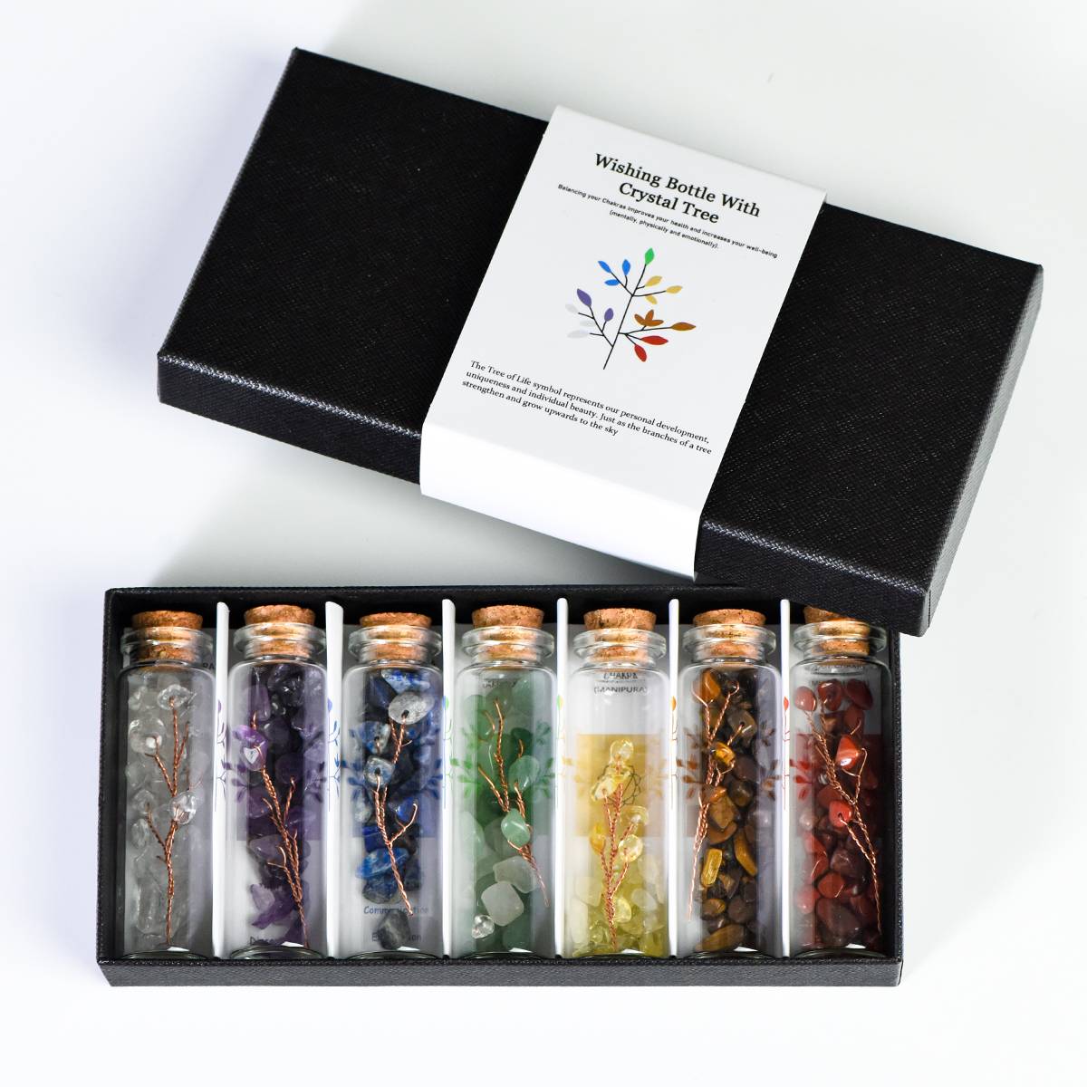 7 Chakra Tree of Life Wishing Bottle Gift Set - Handcrafted Wire Tree Natural Crystal Chips in Glass Vials