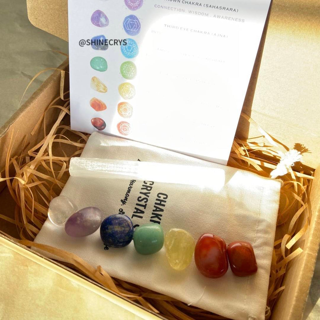Classic 7 Chakra Crystal Healing Gift Set - Natural Tumbled Stones, Selenite Wand &amp; Canvas Pouch Box