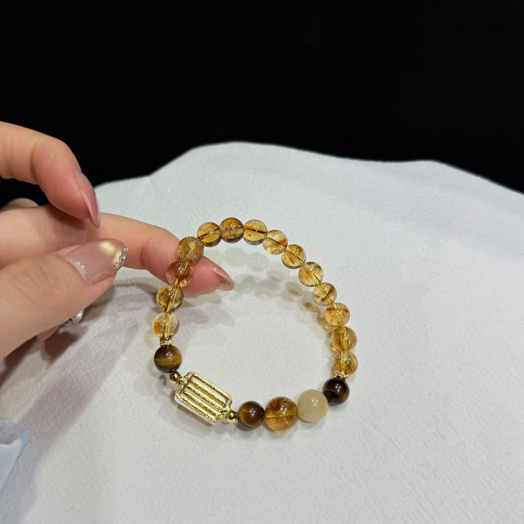 Golden Wealth Trio Crystal Bracelet - Yellow Phantom, Golden Rutile & Tiger's Eye (8mm)