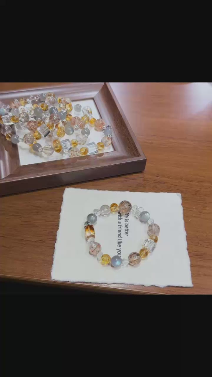 Sunlit Moon Multi-Gemstone Crystal Bracelet - Yellow Phantom, Grey Moonstone &amp; Quartz Cubes