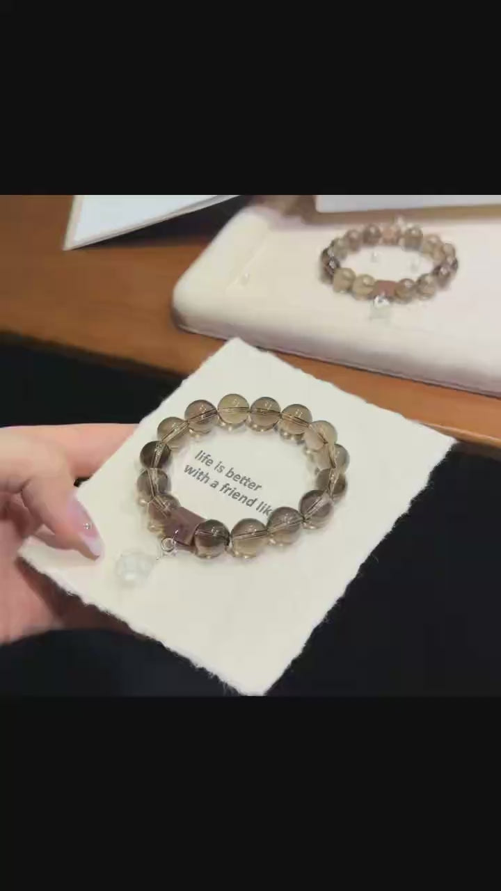 Serene Haven Smoky Quartz Bracelet with Fine Silver Lotus Charm (12mm)