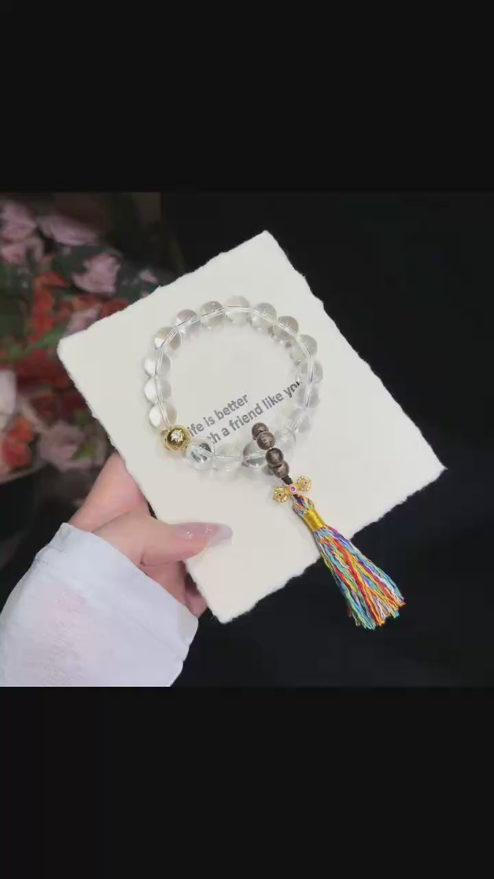Clear Serenity White Quartz Bracelet with Multicolor Tassel (10mm)