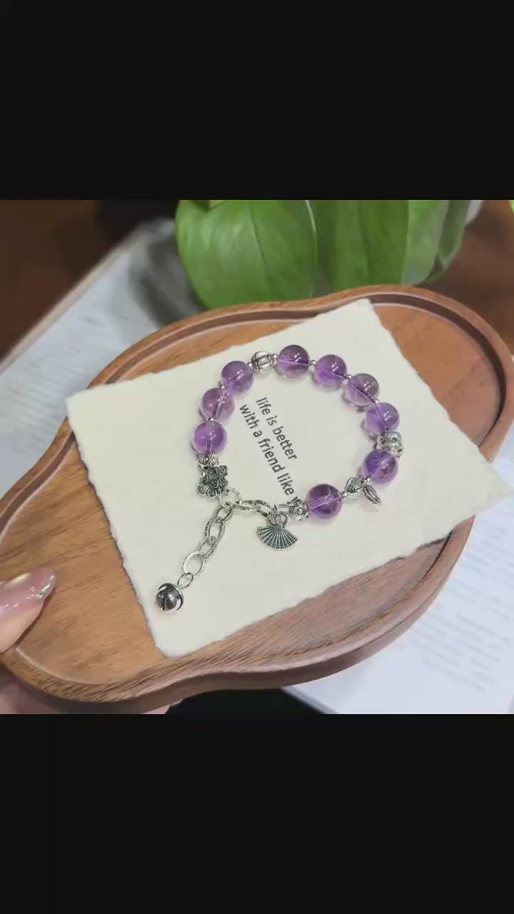 Twilight Violet Brazilian Amethyst Bracelet with Vintage Silver Ginkgo & Bell Charms (12mm)