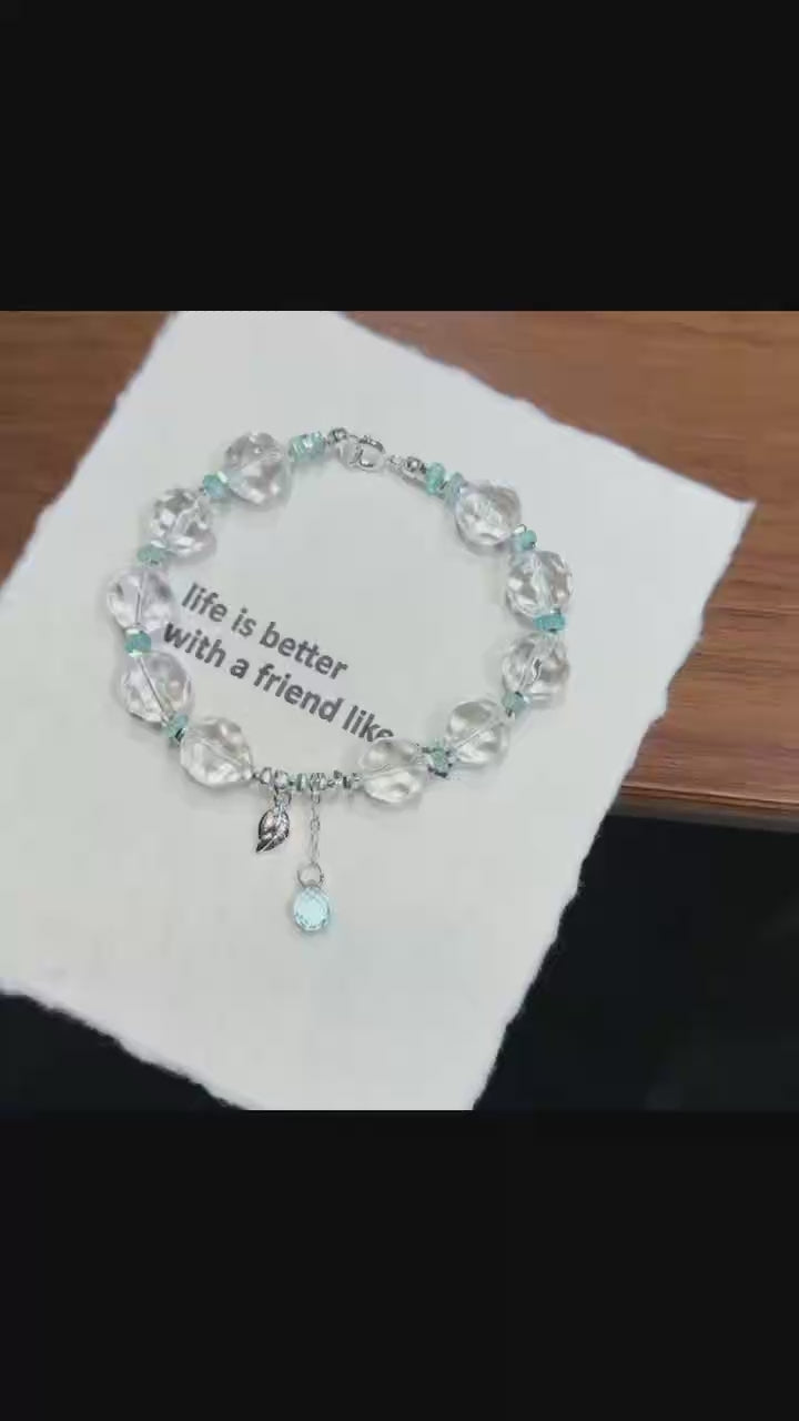 Sparkling Faceted Clear Quartz Bracelet with Sky Blue Charm