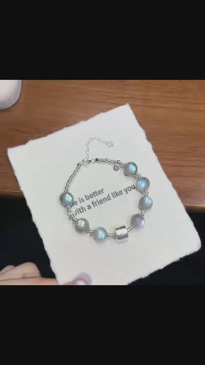 Frosted Moonlight Grey Moonstone &amp; Blue Flash Labradorite 925 Silver Bracelet