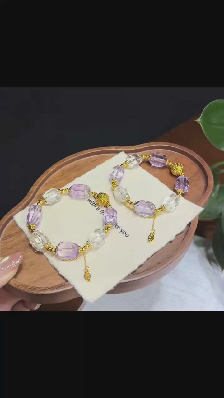 Lavender Amethyst & Clear Quartz Bracelet with Gold Leaf Tassel