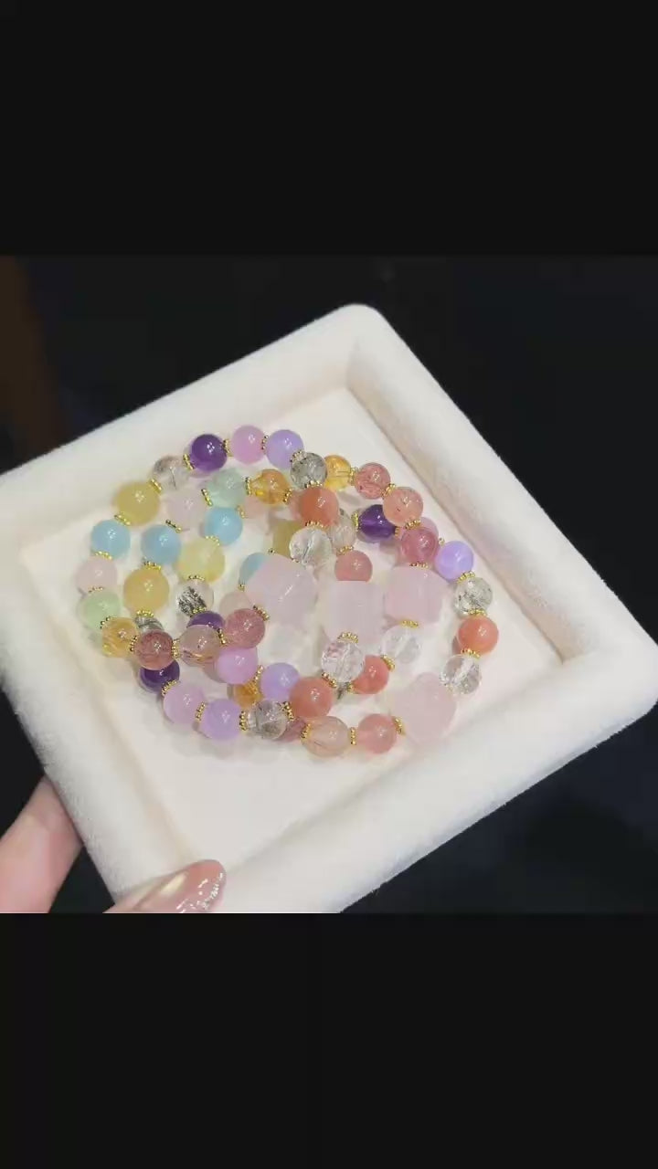 Nine-Tailed Fox Rose Quartz & Mixed Crystal Bracelet (Approx. 9mm)