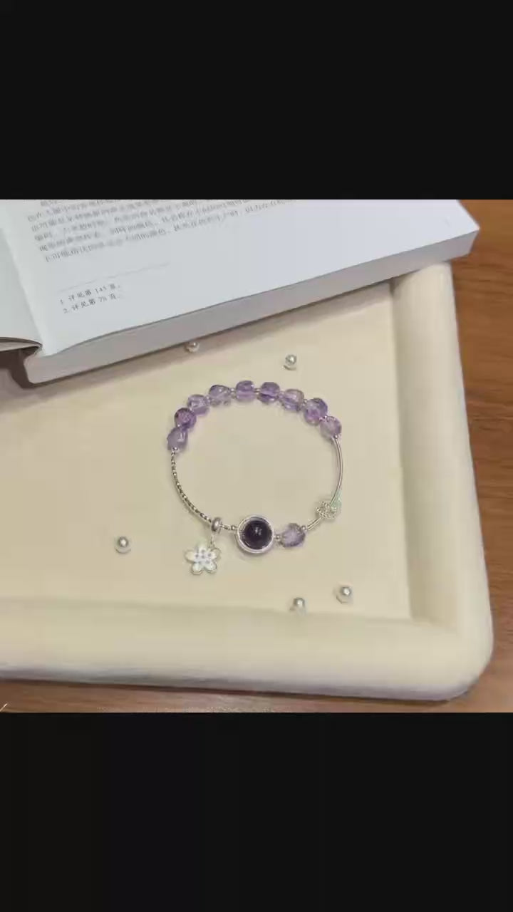 Freeform Gradient Amethyst & 925 Sterling Silver Half-Bangle Bracelet with Floral Charm