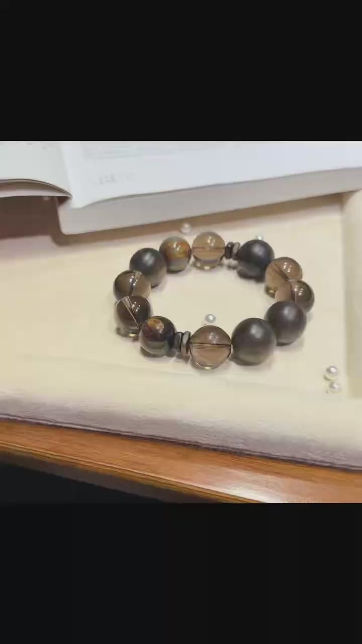 Black Tea Pietersite & Smoky Quartz Bracelet with Natural Agarwood (15mm)