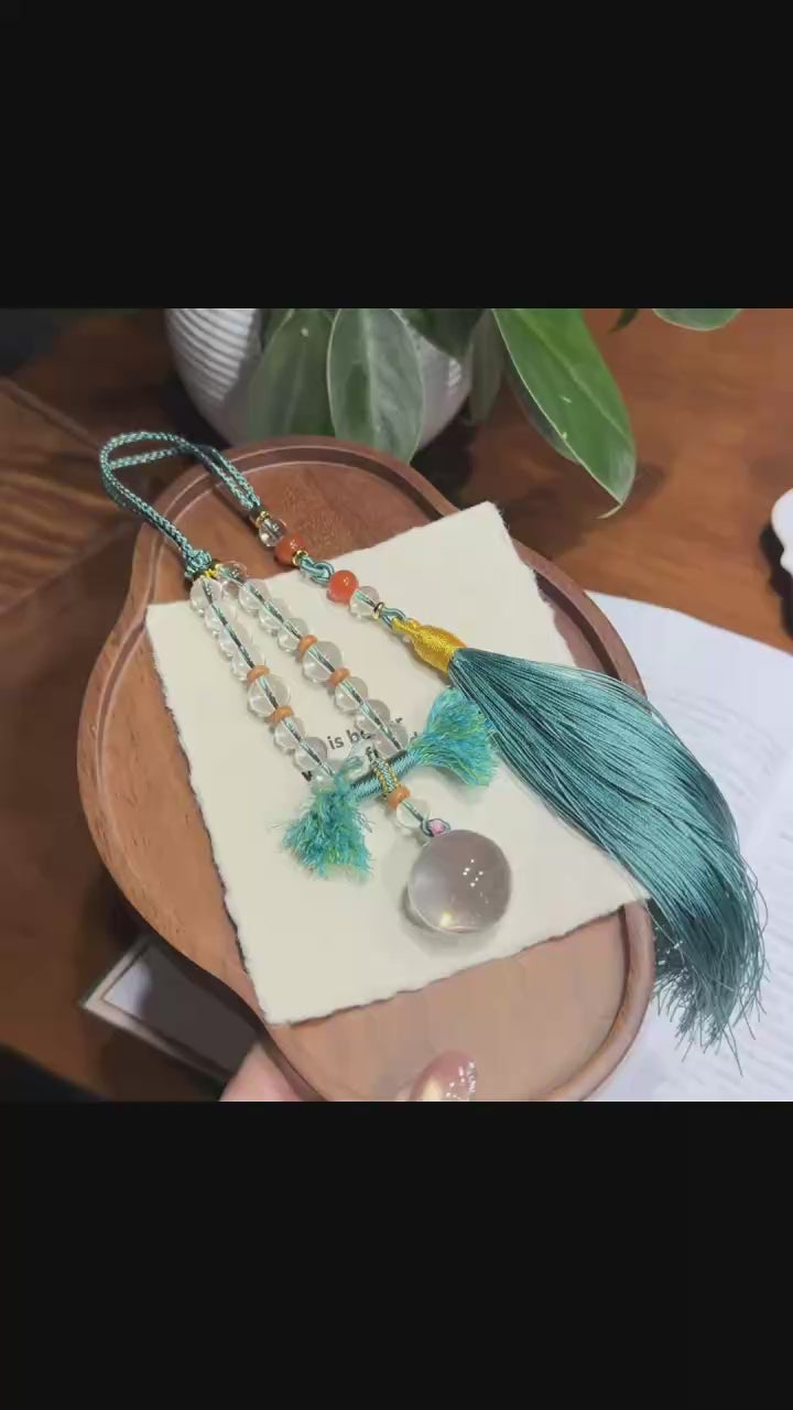 Qingyao White Crystal Car Hanging Ornament with Green Tassel