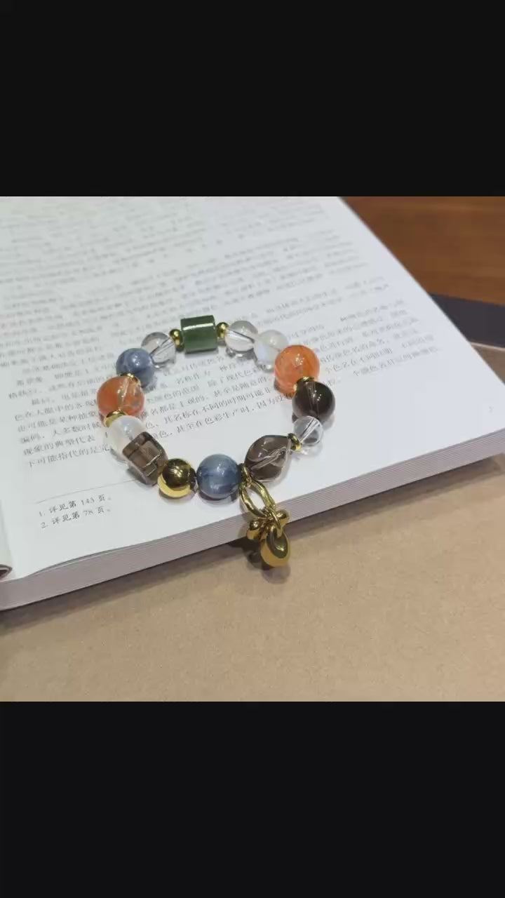 Sunset & Deep Sea Multi-Gemstone Crystal Bracelet - Orange Hematoid, Kyanite & Hetian Jade