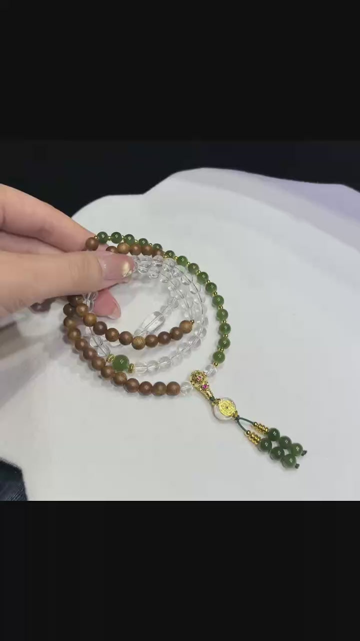 Agarwood &amp; Jade Multi-Wear Mala Bracelet &amp; Necklace - Natural Agarwood, 6mm Hetian Jade &amp; Clear Quartz