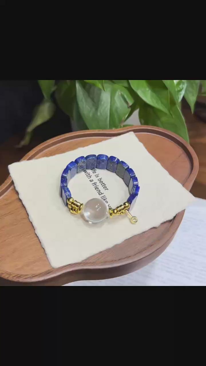 Vintage Azure Lapis Lazuli Tile Bracelet with Clear Quartz Bubble Bead (18mm)